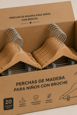 CAJA PERCHAS DE MADERA DE NIÑO CON BROCHES x 100 u