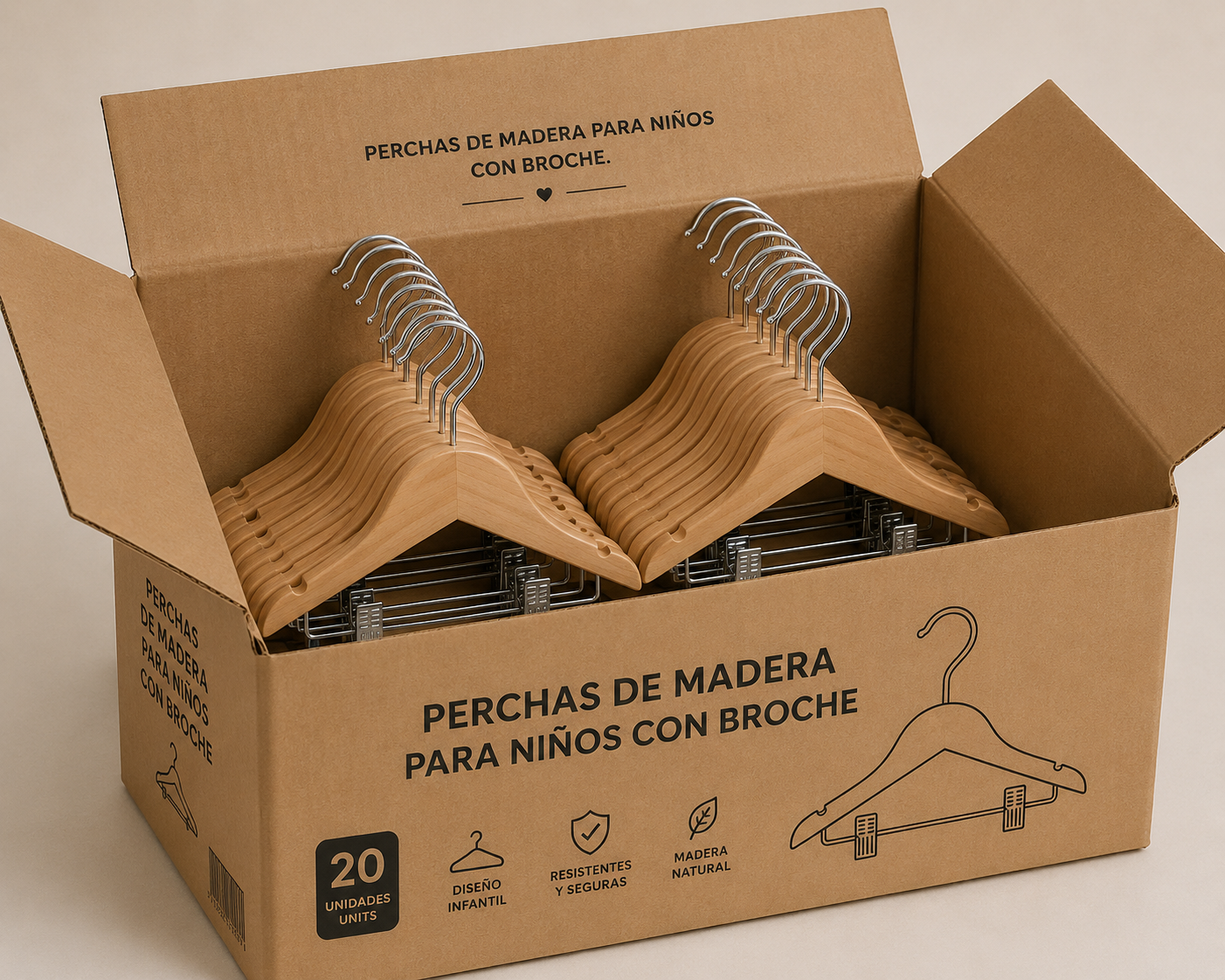 CAJA PERCHAS DE MADERA DE NIÑO CON BROCHES x 100 u